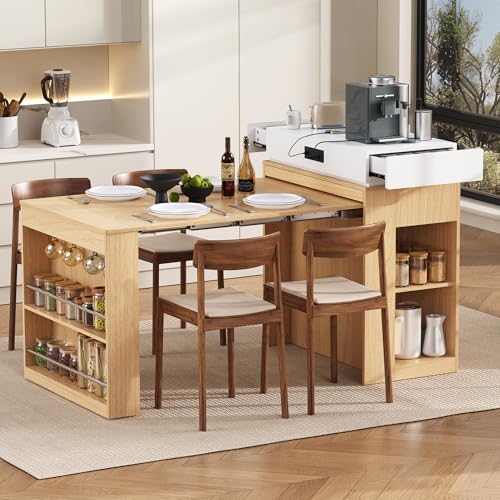 Extendable Dining Table with Folding Tabletop & Power Outlet, Modern Kitchen Island Sideboard with Wheels, Hidden Drawers & USB Charging, Sturdy Buffet Table for Small Spaces (Natural) - color: Natural