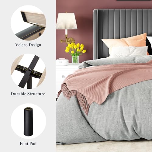 Allewie Queen Size Velvet Bed Frame/Vertical Channel Tufted Wingback Headboard/Upholstered Platform Bed/Strong Wooden Slats/No Box Spring Needed/Easy Assembly/Grey - color: Grey, size: Queen
