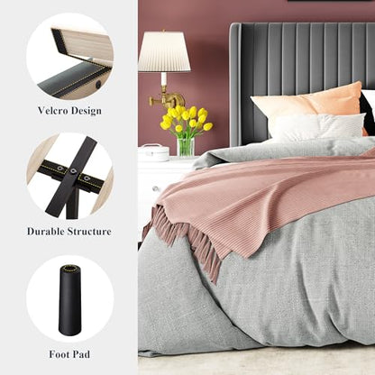 Allewie Queen Size Velvet Bed Frame/Vertical Channel Tufted Wingback Headboard/Upholstered Platform Bed/Strong Wooden Slats/No Box Spring Needed/Easy Assembly/Grey - color: Grey, size: Queen