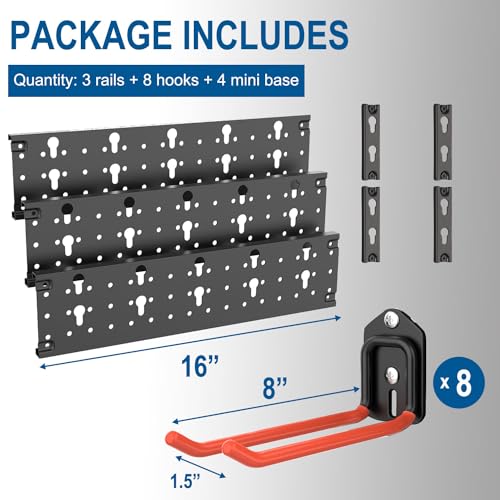 Wallmaster Wall Mount Garage Organizer Tool Storage Rack, Heavy Duty Folding Chair Hangers with 8 Adjustable Hooks, 48-inch Tracks, Max Load 300lbs - size: 8Hooks+3Panels+4MiniBase