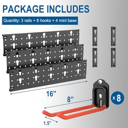 Wallmaster Wall Mount Garage Organizer Tool Storage Rack, Heavy Duty Folding Chair Hangers with 8 Adjustable Hooks, 48-inch Tracks, Max Load 300lbs - size: 8Hooks+3Panels+4MiniBase
