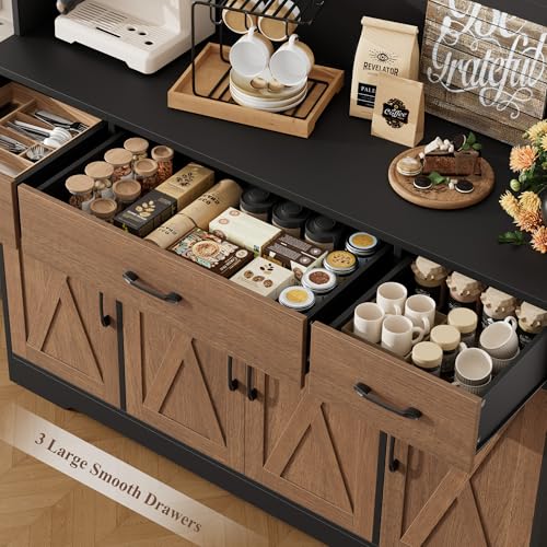 HOSTACK 71" Tall Kitchen Pantry Cabinet, 55" W Kitchen Hutch, Brown/Black | Large Pantry Cabinet with Charging Station / Countertop / 3 Drawers, Farmhouse Hutch Cabinet with Storage for Dining Room - color: Brown/Black