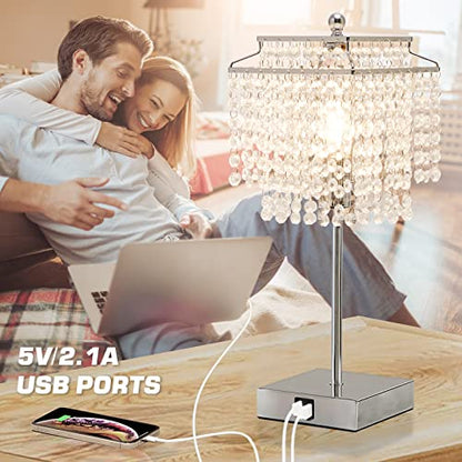 Luvkczc Crystal Table Lamp with Touch Control Set of 2, USB Bedside Table Lamp with USB C+A Ports, Dimmable Lamp with Crystal Shade for Bedroom, Living Room, 6W LED Bulb Included - color: Silver, 2 Pack