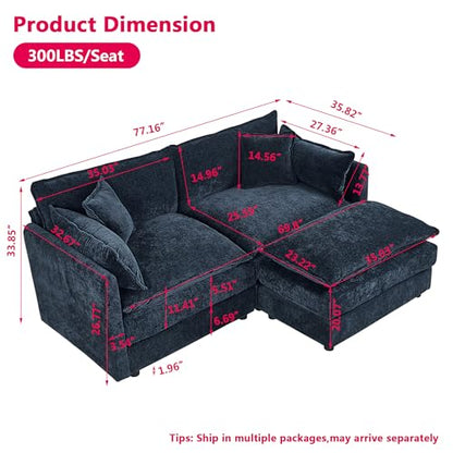 Aoowow Modular Sectional Sofa Modern Convertible Loveseat Couch,77.16 Inch Deep 2-Seater Sofas Comfy Chenille Cloud Sofas and Couches Set with Movable Ottoman for Living Room Apartment（Blue） - color: Blue, size: 2 Seat + Ottoman