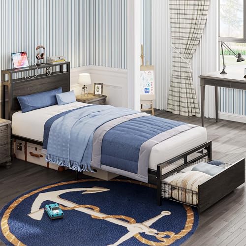 LIKIMIO Twin XL Bed Frames with Drawer and Charging Station, Gray Black | 2-Tier Storage Headboard with Metal Construction Frame, No Box Spring Needed, Fits Small Bedroom or Guest Room. - color: Gray Black, size: Twin XL