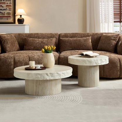 Round Nesting Coffee Table with Faux Mars Pattern for Living Room, Modern Fiberglass Circle Travertine Center Table with Base, Faux Stone Tea Table, No Need Assembly, 31.7"+23.8" (Beige) - color: G-31.69"+23.82" Beige