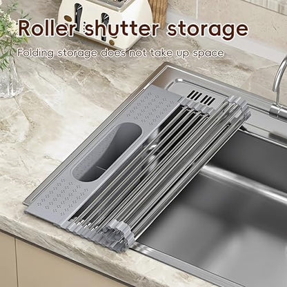 Roll Up Dish Drying Rack Over Sink, 20" X 15.2" Foldable SUS304 Stainless Steel Kitchen Dish Drainer, Heat-Resistant Multipurpose Rolling Sink Rack Organizer, Grey - size: Grey（20" X 15.2"）