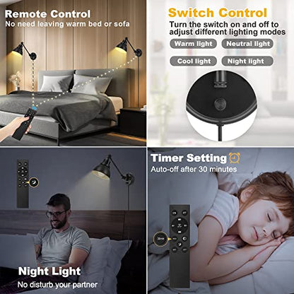 GOODATE 1 Pack Plug in Wall Sconce with Remote Control, Stepless Dimming & Stepless Colors 2700K-6500K, Plug in Wall Light, Swing Arm Wall Lamp with Night Light & Timer, LED Bulb Included - size: Black-1 PACK(Bulb+Remote)