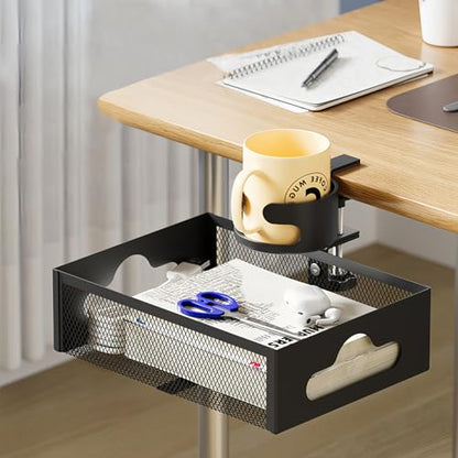 Cup Holder Under Desk Drawer 360° Swivel C-clamp Mounting Mesh Storage Box Spill-proof Easy Install Table Management Tray