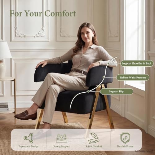 Modern Black Gold Velvet Accent Chairs Set 2, Barrel Armchairs Living Room | STHOUYN Comfy Reading Chairs, Living Room and Bedroom Seating, Curved Barrel Design, Gold-Tone Legs, Wide Seat, Small Space - color: Black