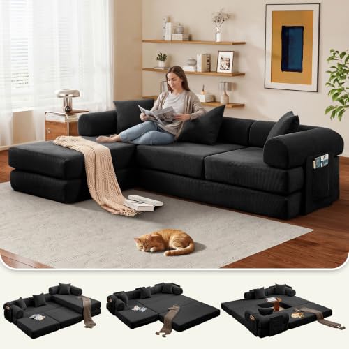107" Modular Sectional Sofa Bed, L-Shape Corduroy Boneless Couch, Black | Sleeper Futon Sofa Bed, Boneless Couches for Living Room, Modular Couch with Storage, Pull Out Couch, No Assembly Required - color: Black Corduroy