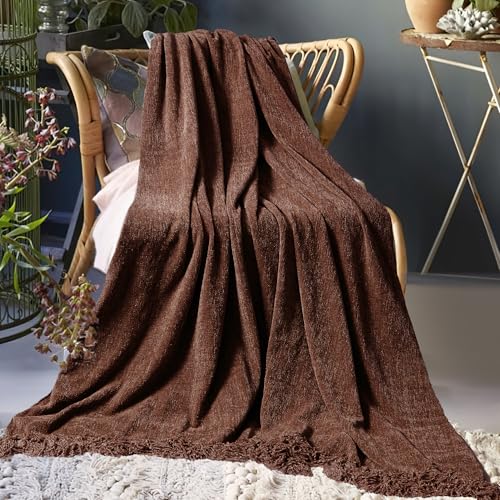Chenille Throw Blanket for Couch 60" x 80" Twin, Dark Brown | Soft Cozy Warm Throws with Fringe Tassel Living Room Bed Sofa Chair Cover, Lightweight Knitted Boho Blankets Fall Decor - color: Dark Brown, size: 60x80 inch