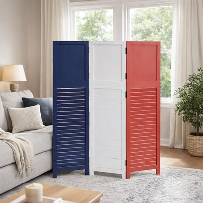 1 Pack 3 Panel Wood Short Room Divider Screen Red White Blue | Freestanding Modular Louvered Partition Screen For Bedroom Home Office Apartment Privacy - color: Red White Blue