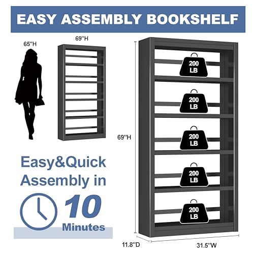 VASAAOSD Metal Bookshelf - Adjustable Black Bookcase, 5 Tier Book Shelf | Heavy Duty Sturdy Book Case, Modern Bookshelves and Bookcases for Home Office, Living Room, Bedroom, Library(69" H) - color: Black, size: 69" H