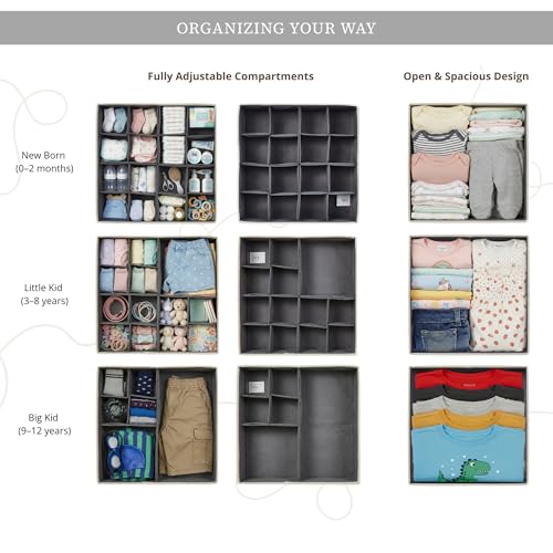 DECOMOMO Adjustable Drawer Organizer Clothes, 12 Pack Drawer Dividers | Fabric Storage Bins, Baby Dresser Organizer for Nursery, Underwear, Bra, Socks (Grey)