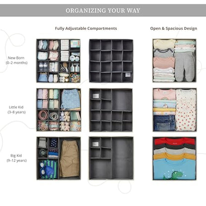 DECOMOMO Adjustable Drawer Organizer Clothes, 12 Pack Drawer Dividers | Fabric Storage Bins, Baby Dresser Organizer for Nursery, Underwear, Bra, Socks (Grey)