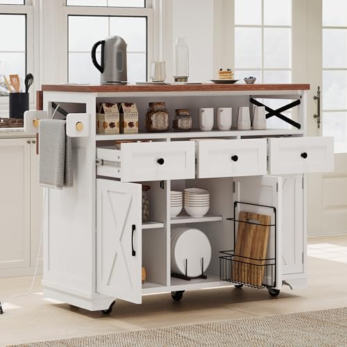 46.5'' Farmhouse Kitchen Island with Charging Station, Drop Leaf & Bead Drape - Mobile Rolling Cart, Ample Storage, Rustic Wood Grain Countertop for Compact Spaces (White+Brown) - color: White+brown)