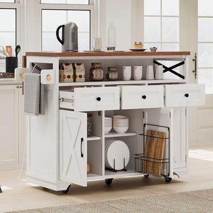 46.5'' Farmhouse Kitchen Island with Charging Station, Drop Leaf & Bead Drape - Mobile Rolling Cart, Ample Storage, Rustic Wood Grain Countertop for Compact Spaces (White+Brown) - color: White+brown)