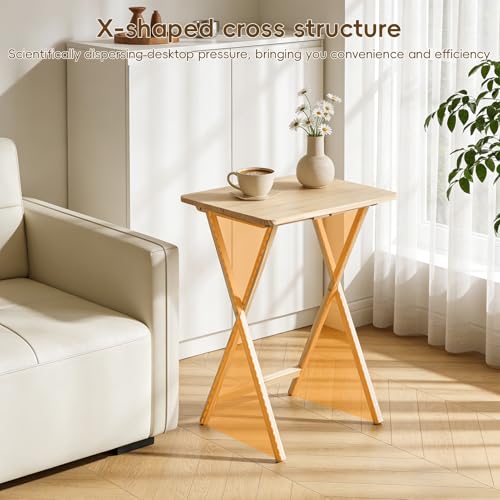 Foldable TV Tray Table Set of 4 with Sturdy X-Base, Space Saving, Wooden Dinner Trays for Dining, Snacking, Picnics & Home/Office,14.5 L x 19 W x 26 H inch, 4-Pack