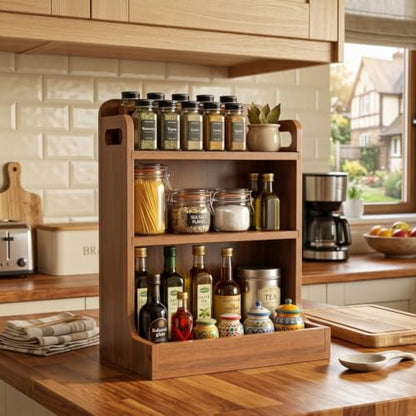 Solid Wood 3-Tier Spice Rack Countertop Organizer Kitchen Storage Shelf | Sturdy wood desktop shelf for spices, coffee bars & bathroom vanities. Features portable handles & full back stability.