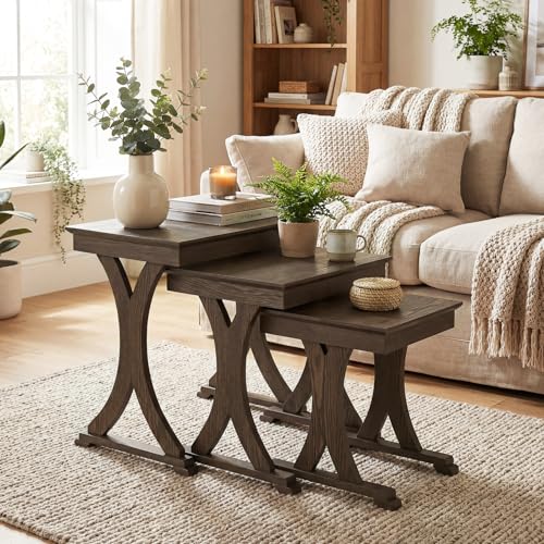 Giantex Nesting Coffee Table Set-of-3 - Stackable Rectangular Sofa End Side Table w/Solid Rubber Wood Legs, Vintage Farmhouse Night Stand for Bedroom Living Room Home Office Small Spaces