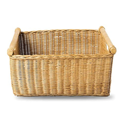 The Basket Lady Pole Handle Wicker Storage Basket, S, Sandstone | Outside: 14" L x 10" W x 7.5" H | Inside: 12"L x 8.5"W x 7"H - Handcrafted by artisans from natural rattan - color: Sandstone, size: Small