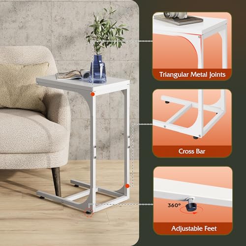 WLIVE C-Shaped End Table Set of 2, Small Couch Side Tables with Metal Frame, Sofa Table TV Tray for Living Room, Bedroom, White - color: White