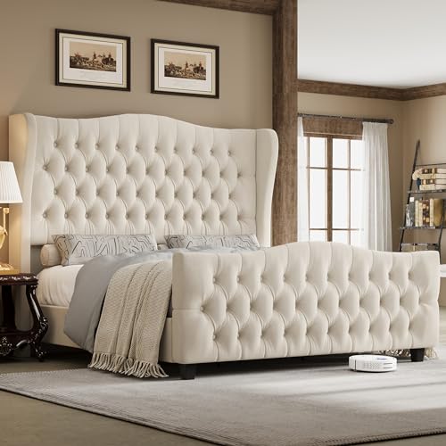 King Size 54.3" Tall Bed Frame with Wingback Headboard & Footboard | Velvet Upholstered Platform Bed with Deep Button Tufted & Handmade Pleats, No Box Spring Needed, Easy Assembly, Beige/Cream - size: King