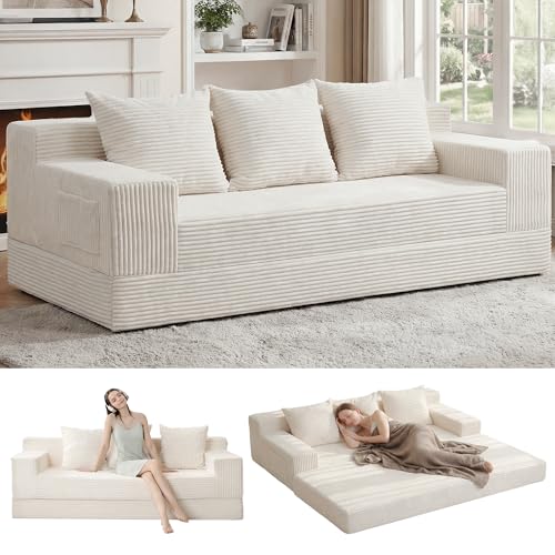 Erament Convertible Futon Sofa Bed Couch, 78'' Corduroy Folding Sofas Bed, Compression Boneless Floor Couch Sofa Beds with 3 Pillows for Living Room Bedroom Apartment - color: Beige, size: 78''（King）