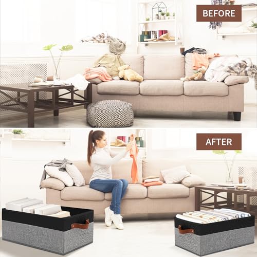 3 Pack Large Capacity Storage Bins Closet Organizer for Shelves | Fabric Closet Storage Baskets Boxes with Leather Handles for Organizing Clothes, Sheets, Jeans, Toys, Books (Black and Grey) - style: 3 Pack Black & Grey