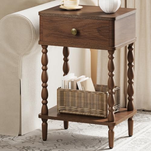 Yoobure Small Side Table with Drawer - Walnut Night Stand with Wood Legs | Accent Nightstand Bedside Table for Bedroom, Mid Century Modern End Tables Living Room, Vintage Side Tables for Small Space - color: Walnut
