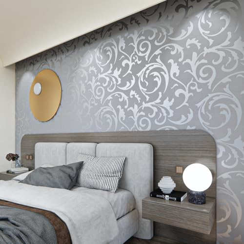 mamonhome Silver Grey Peel and Stick Wallpaper - 20.8" x 393" Self-Adhesive Non-Woven Wall Decals for Modern Living Room, Bedroom, Kitchen - color: flower