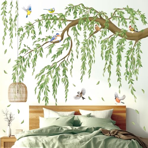 DECOWALL Large Willow Branch Wall Decals Stickers with Songbirds (SG4-2521) | Peel and stick removable green foliage decor for bedroom, living room, nursery, home office, reading corner and TV background - color: Large Hanging Vine Tree Branch