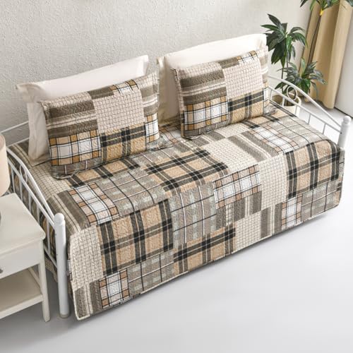 Jarson 3 Pcs Plaid Daybed Cover Set Twin Size Brown Beige Sofa Cover Double Side Bed Set Classic Patchwork Bedding Sets Daybed Quilt Set with Pillow Shams - color: Brown Beige