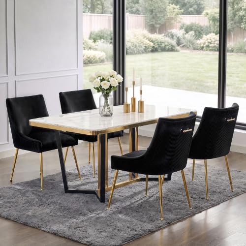 WUTUTUEE Velvet Dining Chairs Set of 4 Gold Legs,Upholstered Velvet Accent Chairs, Pleated Back Design & Gold Pull Handle, Mid Century Modern Chairs for Dining/Kitchen/Living Room,Black - color: Black, size: Set of 4