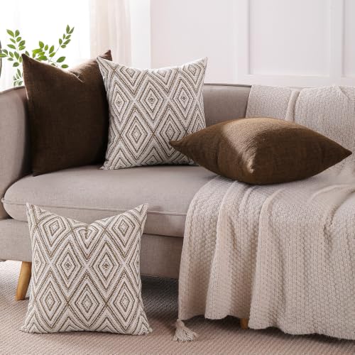 HPUK Throw Pillow Covers 18x18, Set of 4, Chocolate Couch Pillow Covers | Polyester fabric, patterned and solid designs, hidden zippers, machine washable, for sofas and beds, inserts not included - color: Chocolate, size: 18" x 18" (Pack of 4)