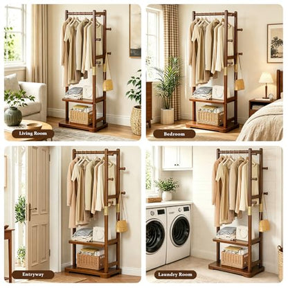 Coat Rack Solid Wood Hall Tree Storage 2 Shelves 5 Hooks | Hallway bedroom living room, durable wood construction, freestanding organizer design, coats hats wallets garments - size: Walnut - S (18.1''L×12.6''W×64.5''H)