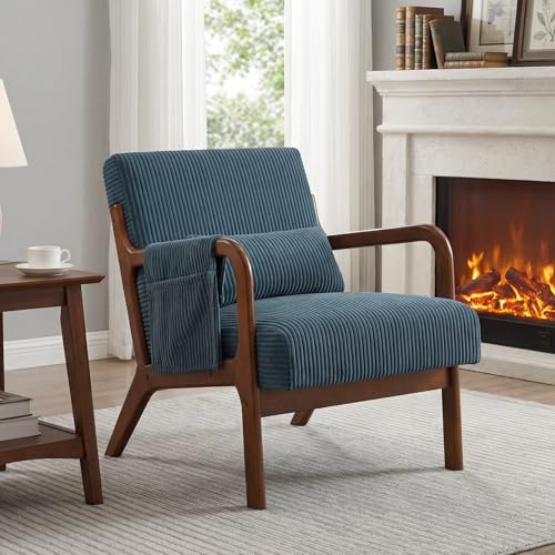 DUMOS Accent Chairs Set of 2, 17'' Seat Height Armchair with Side Pocket | Upholstered Small Side Chair with Waist Cushion and Wood Frame for Living Room, Bedroom, Reading Nook, Navy Blue - color: Navy Blue, size: 1 PC
