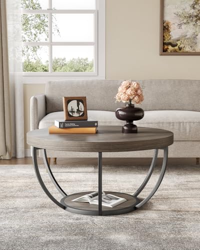 LITTLE TREE Round Coffee Table, 32" Circle Coffee Tables for Living Room | 2-Tier Wood Accent Center Table with Open Storage Industrial Design Home Furniture (Grey and Black) - color: Grey and Black