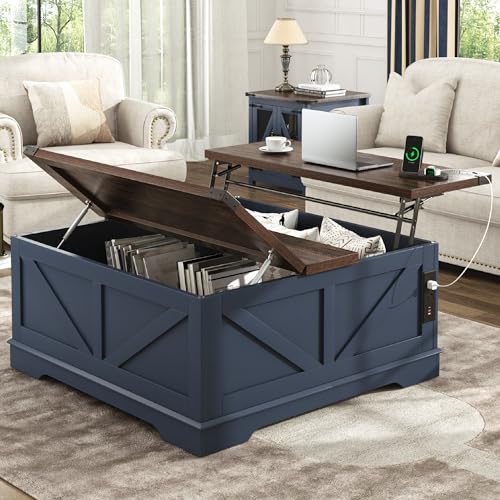 Hlivelood 40” Large Farmhouse Lift Top Coffee Table with Power Outlets and Large Hidden Storage, Square Wood Living Room Tables, Multi-Function Lift Wooden Barn Door Center Table, Blue - color: Blue