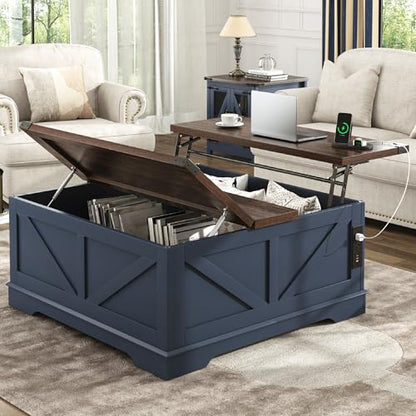 Hlivelood 40” Large Farmhouse Lift Top Coffee Table with Power Outlets and Large Hidden Storage, Square Wood Living Room Tables, Multi-Function Lift Wooden Barn Door Center Table, Blue - color: Blue