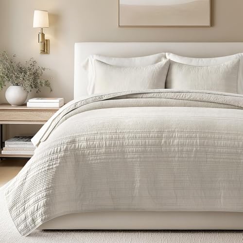 EVERGRACEHOME 100% Cotton Modern Lines Quilt Set Queen Size, Birch | Pre-Washed Soft Cotton, Striped Coverlet Bedspread, 3 Piece Lightweight Bedding Set for All Season, with 2 Pillow Shams - color: Birch, size: Full/Queen (92" X 92")