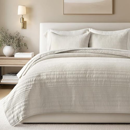 EVERGRACEHOME 100% Cotton Modern Lines Quilt Set Queen Size, Birch | Pre-Washed Soft Cotton, Striped Coverlet Bedspread, 3 Piece Lightweight Bedding Set for All Season, with 2 Pillow Shams - color: Birch, size: Full/Queen (92" X 92")