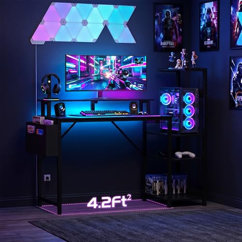 Gaming Desk 43 Inch Computer Table with Storage Shelves & Monitor Stand | LED Setup Style, PC Tower Stand, Reversible Workstation, USB Charging Port, for Home Office Desk, Bedroom, Dorm, Black - size: 43inch