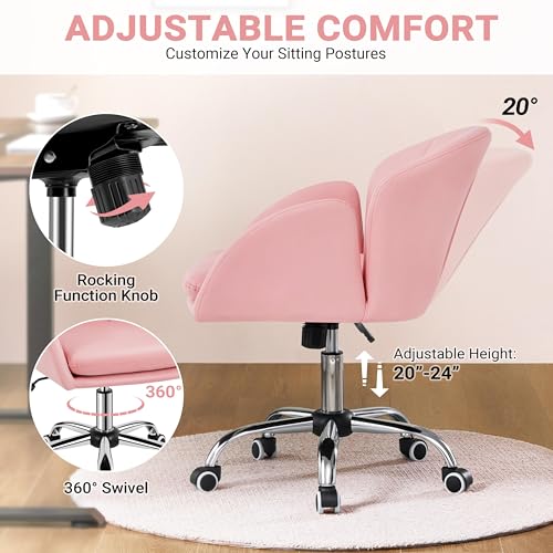 Yaheetech Simple Pink Petal Faux Leather Vanity Desk Chair, Swivel Wheels | Easy-clean faux leather cushioned seat fits makeup vanity, nail salon or office desks; adjustable height, swivel, fast setup. - color: Simple Pink
