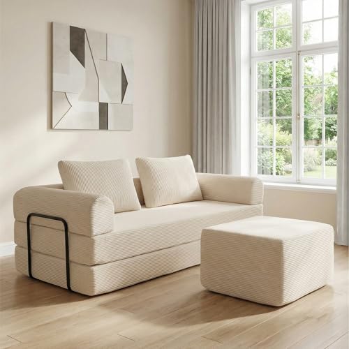 78" Convertible Corduroy Sofa Bed with Ottoman, 5-in-1 Folding Floor Mattress Couch, Corduroy Futon Couch with Storage Pocket, Sleeper Sofa for Living Room, Apartment (Beige) - color: Beige