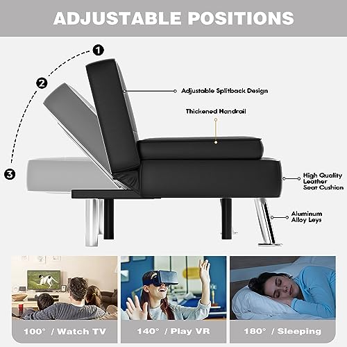 JUMMICO Faux Leather Futon Sofa Bed, Sleeper Sofa with Adjustable Backrest | Futon Couch with Removable Armrests & 2 Cup Holders, Loveseat Futon Set for Living Room, Apartment and Office | Black