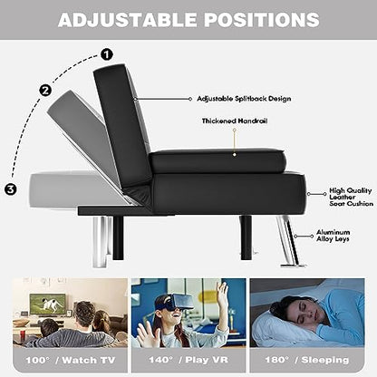 JUMMICO Faux Leather Futon Sofa Bed, Sleeper Sofa with Adjustable Backrest | Futon Couch with Removable Armrests & 2 Cup Holders, Loveseat Futon Set for Living Room, Apartment and Office | Black