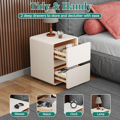 15.8" W Faux Leather Narrow Nightstand, Fully-Assembled Bedside Table with 2 Drawers, Wood Night Stand Small Accent End Table & Side Table for Bedroom, Cream White - color: Cream, size: 16in