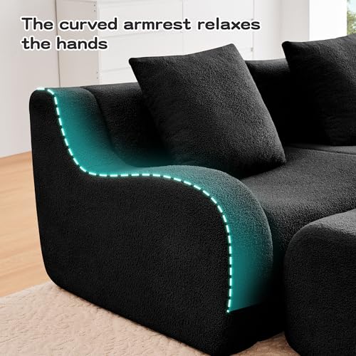 113.5” Sectional Boneless Sofa Couches, 3 Seater L-Shaped, Streamlined Design, No Assembly Modular Teddy Fabric Sofa for Living Room, Bedroom, Apartment, Home Office (Black) - color: Black02, size: 3Seat+1Ottoman